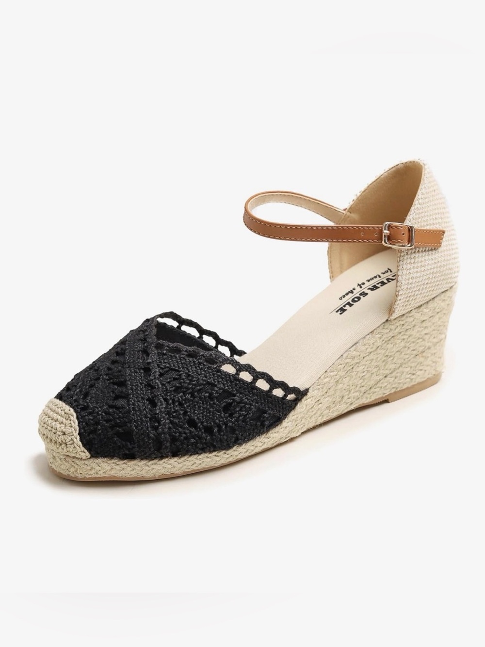 FEVERSOLE Women's Black Crochet Espadrille Wedge with Tan Ankle Strap
